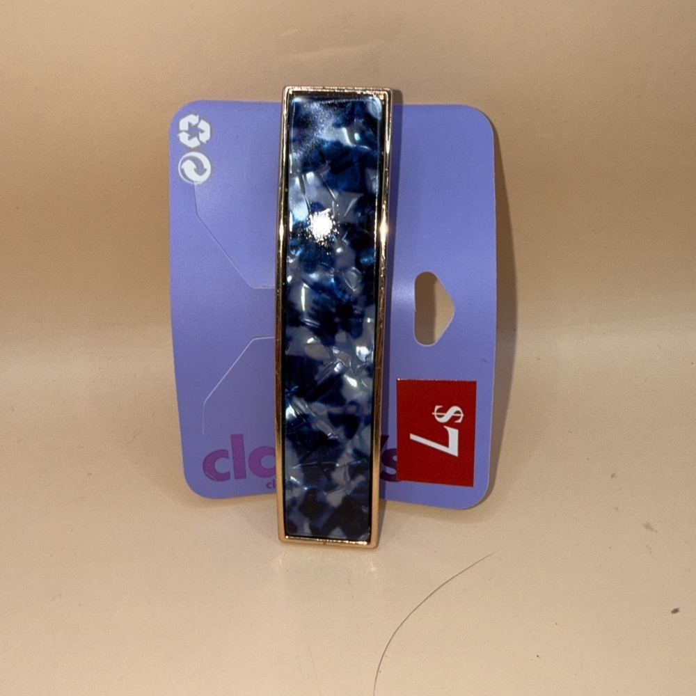Claire's‎ Rectange Blue Black Marble Print Barrette Hair Clip Gold Rim 3.5"